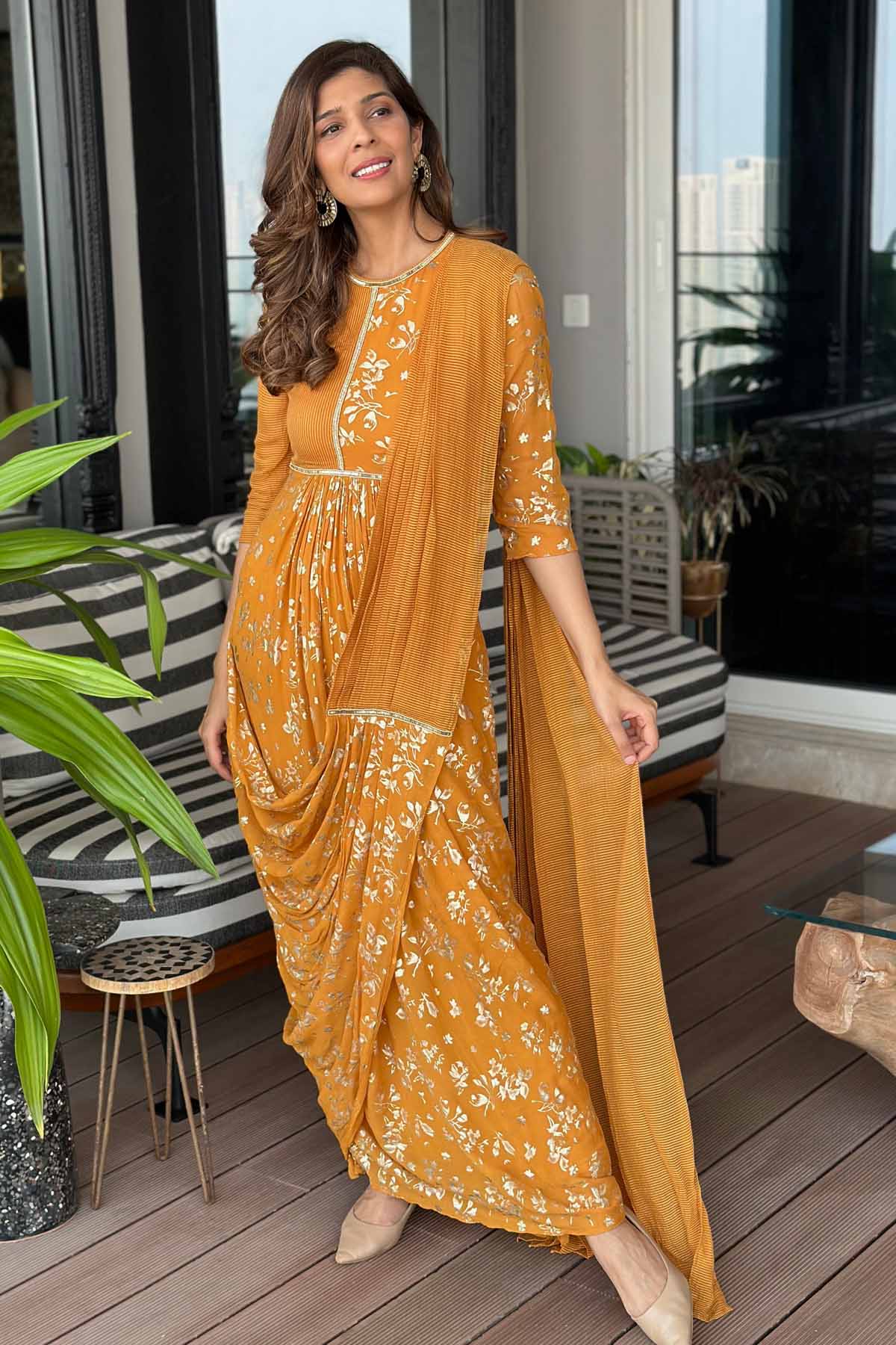 Yellow Foil Print Pre Drape Saree at ScrollnShops